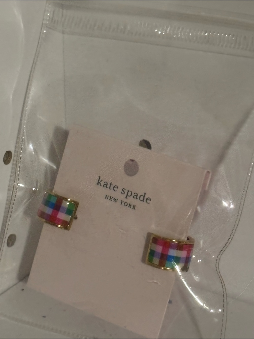 kate spade Multicolor Plaid Enamel Huggie Studs with Gold Trim